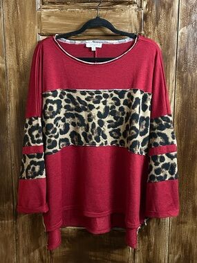 Umgee Red Knit Top with Leopard Panel Accents